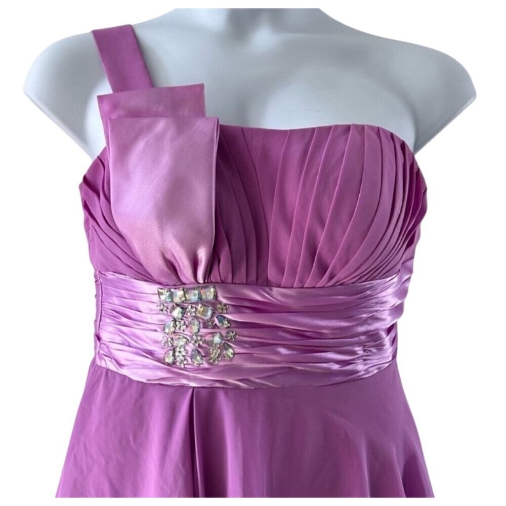 One Shoulder Pink Cocktail Dress With Pleated Bodice & Embellished Waist - Picture 16 of 16